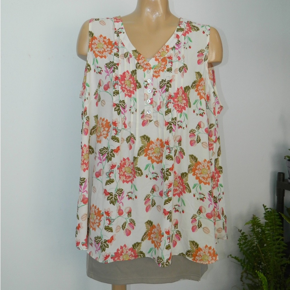 Rose + Olive Floral Pintuck Blouse Womens 1X White Orange Pink Sleeveless Top
